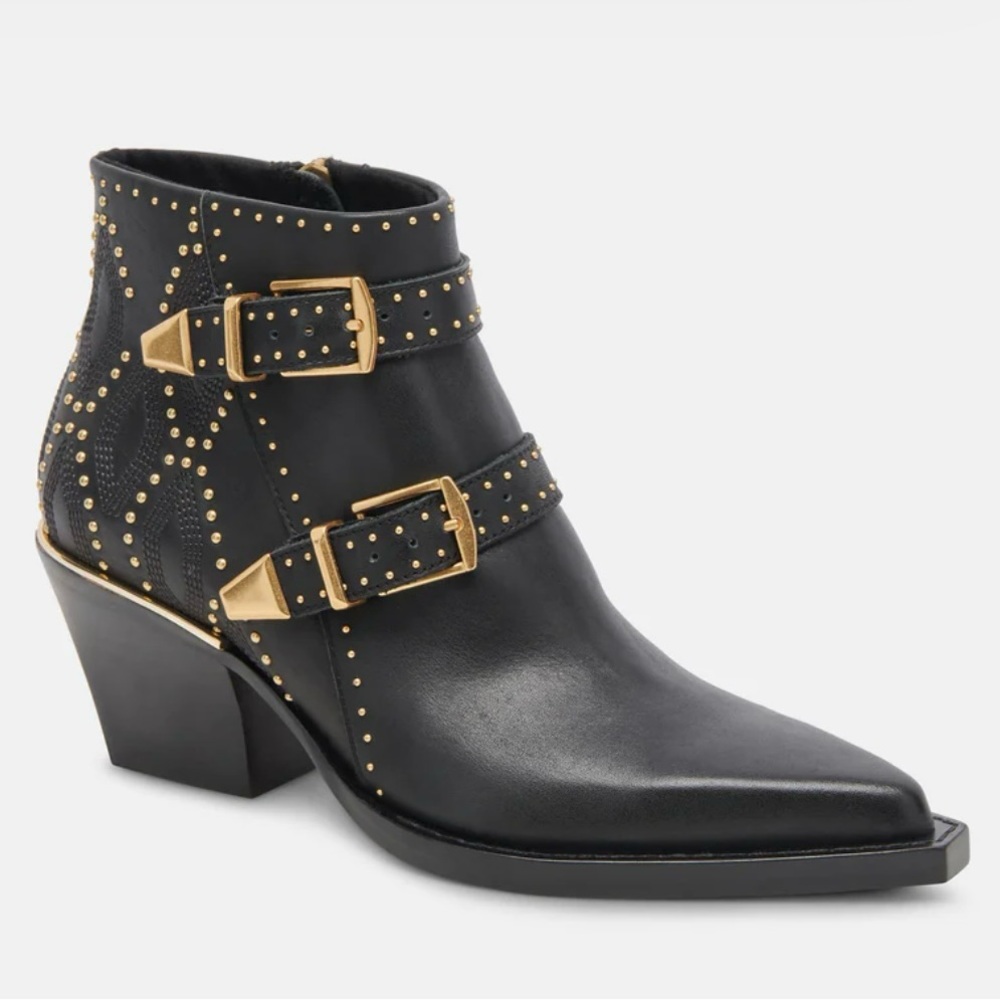 Dolce Vita Ronnie Black Leather Ankle Boots | Gold Studs | 6.5 | NIB 🌟Rare🌟 - Picture 4 of 16